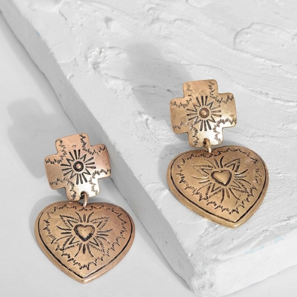 Aztec Heart & Cross Dangle Earrings - Picture 7 of 9